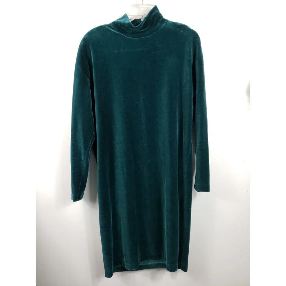 Vtg Lands End Dress Womens Med Velour Velvet Mock Neck Long Sleeve emerald green
